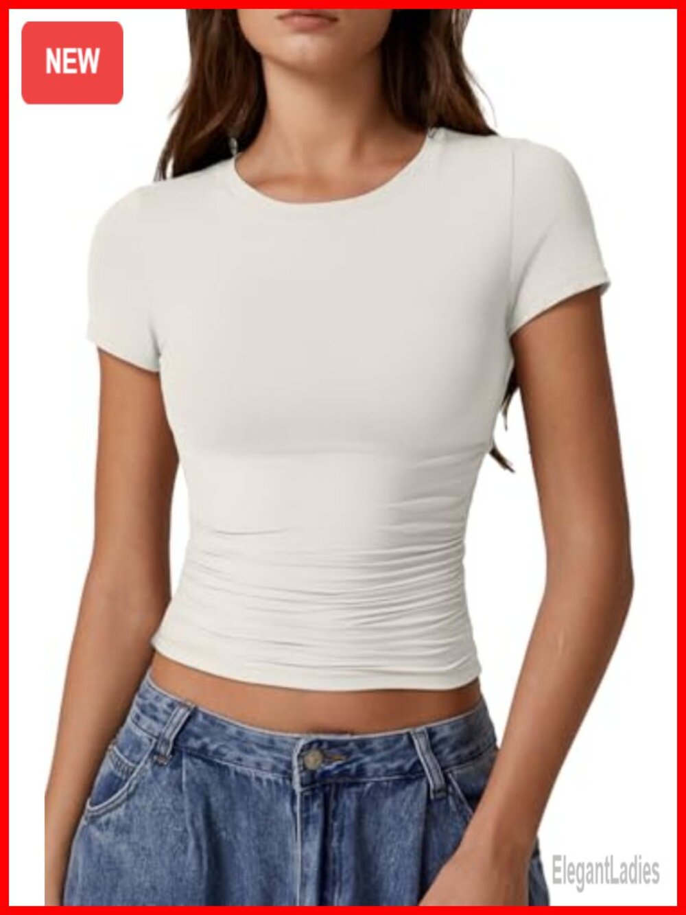 Women's Double Lined Fitted Y2K Crop Top Short Sleeve Round Neck Tee